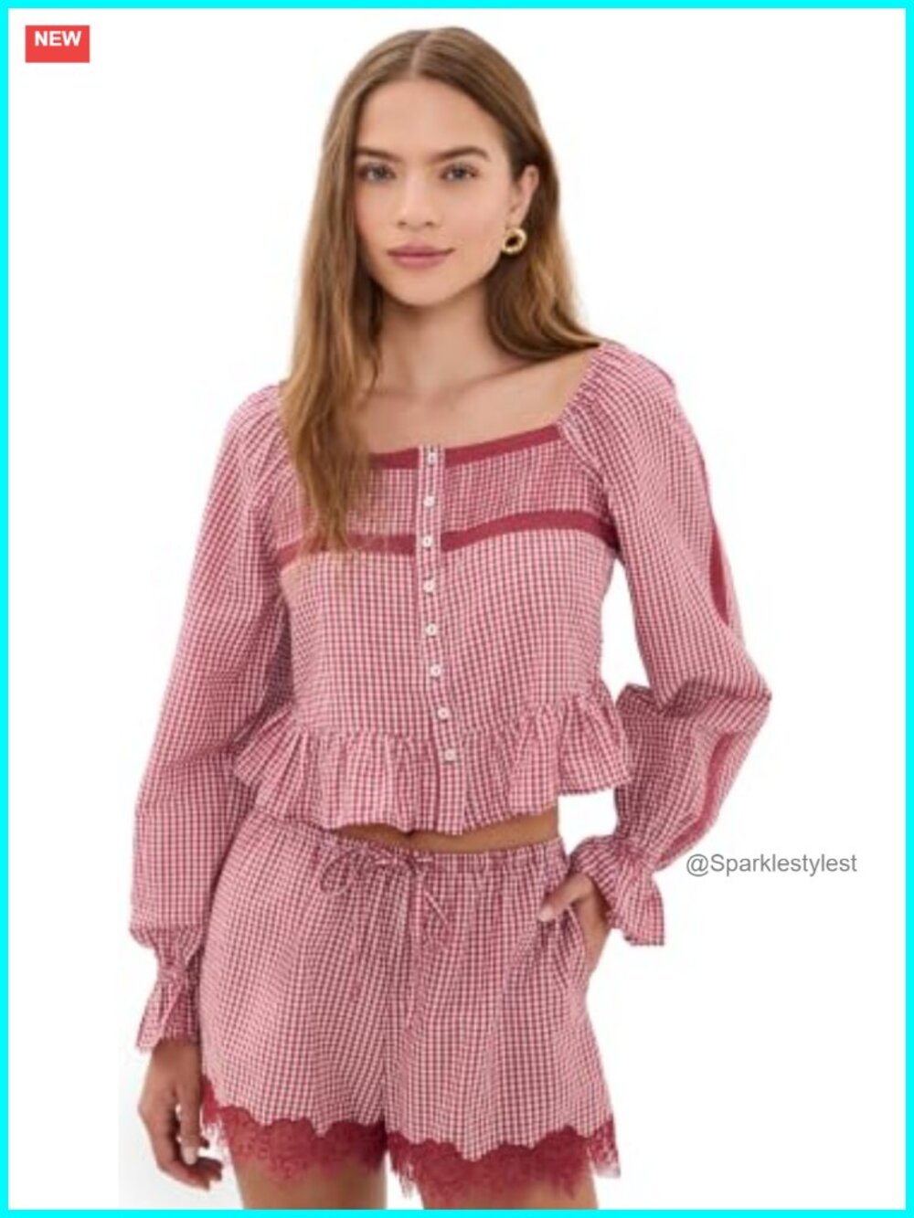 Gingham Voile Tank Blouse Lace Ruffle Square Neck